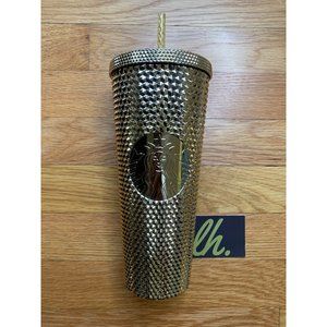 New Starbucks Christmas Holiday 2022 Gold Bling Studded Venti 24 oz Cold Cup Tum